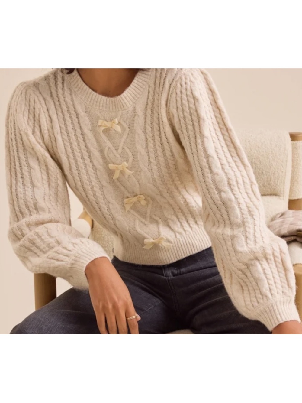 Altar'd State Cream Cable Knit Crew Sweater with Bow Details